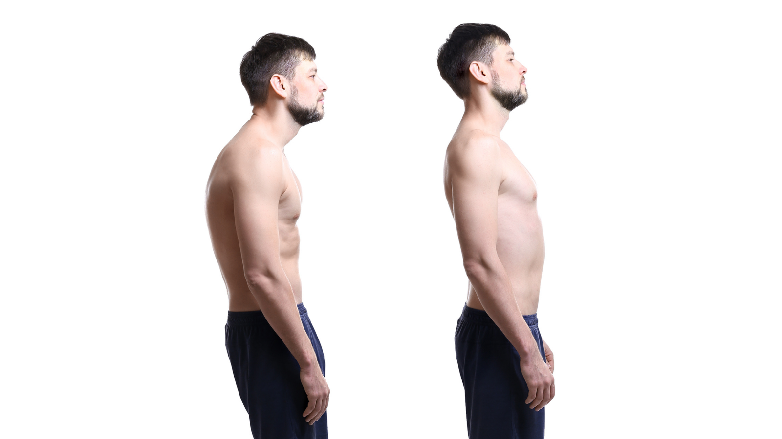 Collage of man with poor and good posture on white background