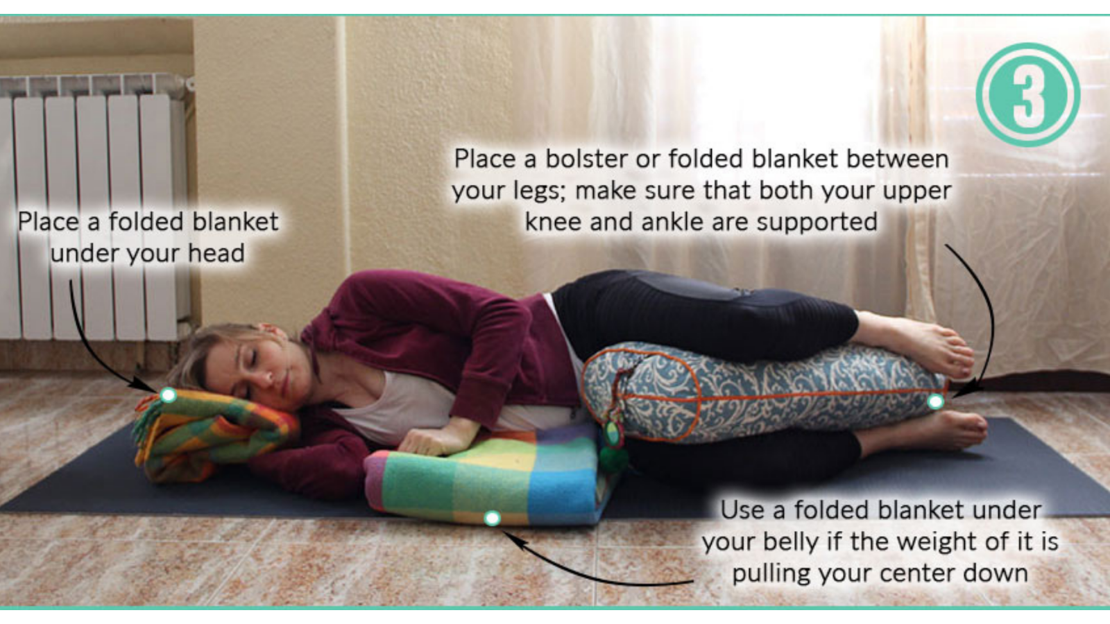 How to safely practice Side-Lying Savasana with bent knees and bolsters while pregnant