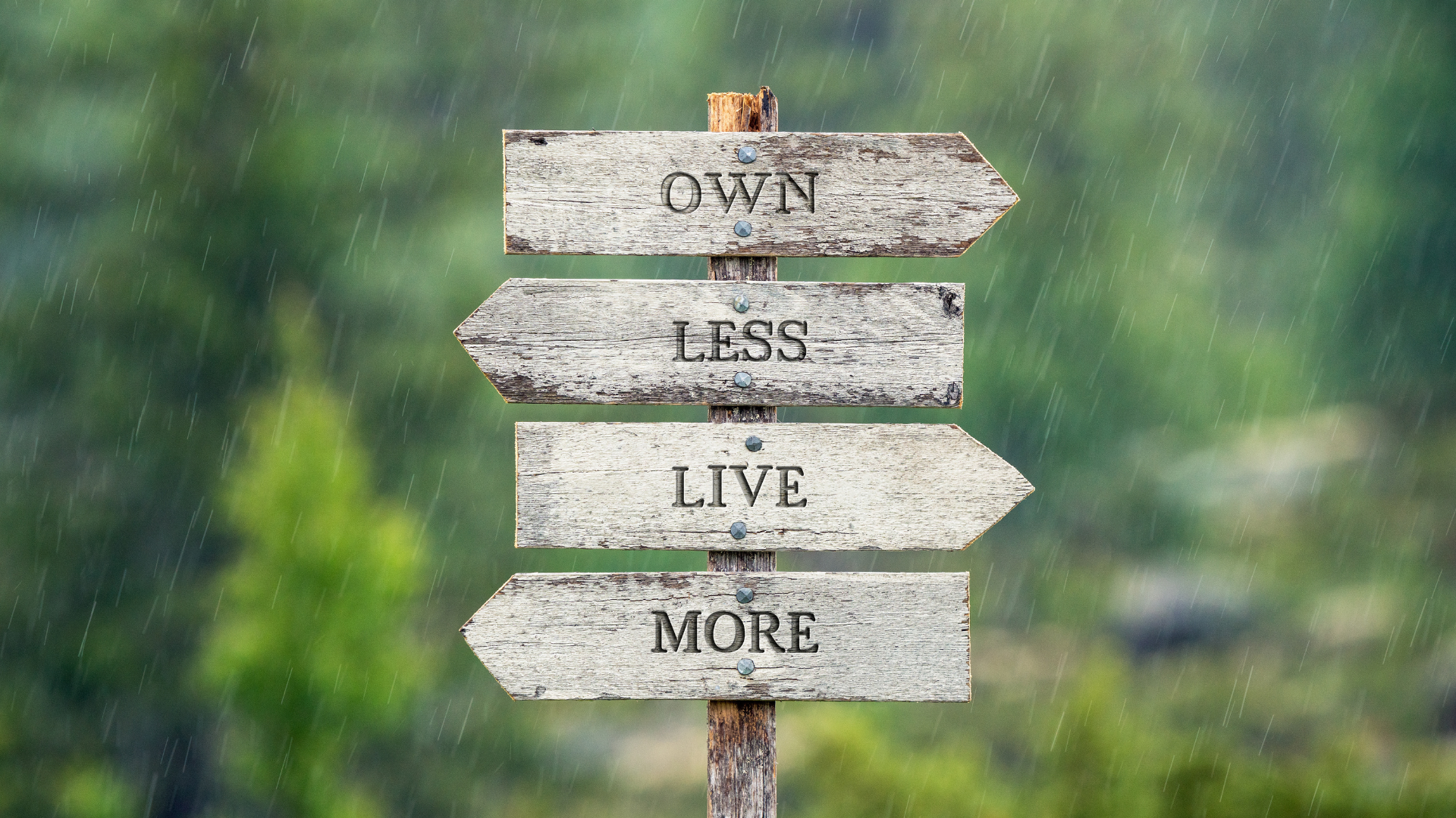 Own less live more text on wooden signpost outdoors in the rain.