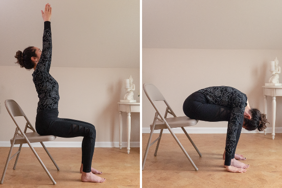 Yoga woman seated practicing sun salutations stretching arms over head and then bending forward