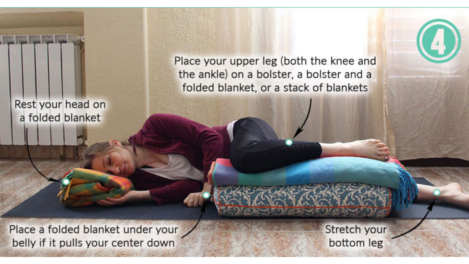 Yoga teaching tips for Side-Lying Savasana pose with bent upper knee and props for pregnant students