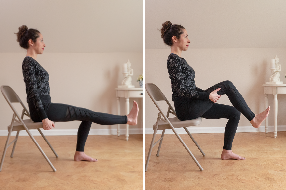 Woman seated in a chair extending one leg in front and then holding thigh to roll her ankle yoga