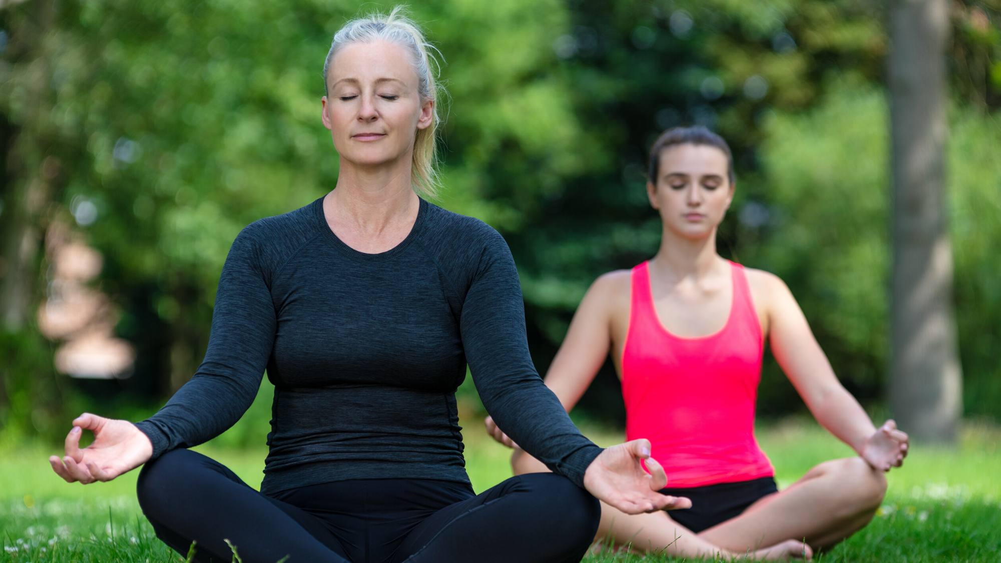 Yoga students practicing yogic meditation outside.