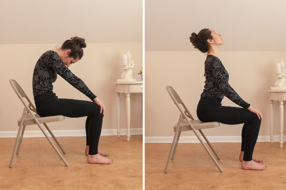 Woman practicing Cat (Marjaiasana) and Cow (Bitilasana) Yoga Poses in a Chair