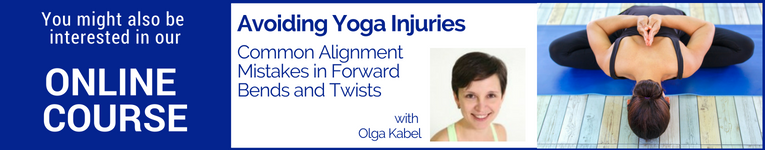 Online yoga course with Olga Kabel called "Avoiding Yoga Injuries," common alignment mistakes in forward bends and twists