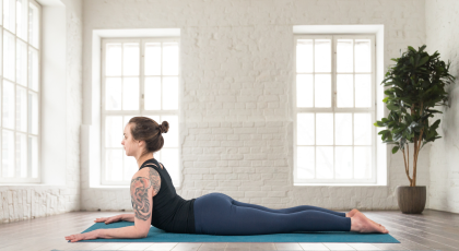 Sphinx Pose is a gentle yoga pose often recommended for SI Joint health and stability.