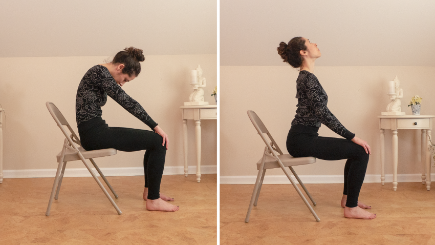 Woman practicing yoga Cat (Marjaiasana) and Cow Pose (Bitilasana)